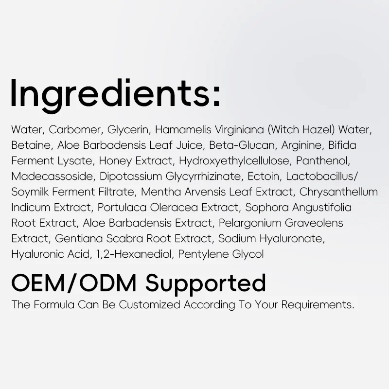 Text listing ingredients of a cosmetic product, including water, witch hazel, aloe, and hyaluronic acid, with OEM/ODM customization info.